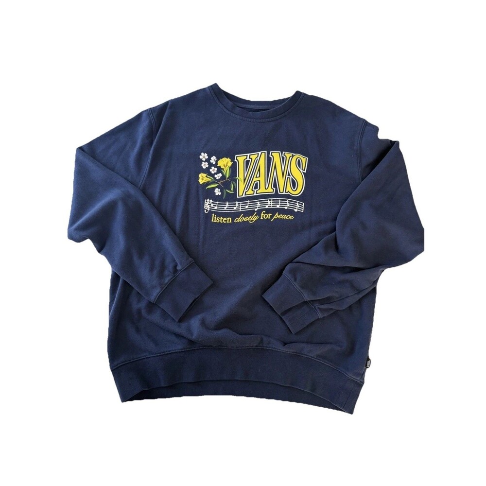 VANS Men's Large Listen Closely For Peace Blue Long Sleeve Crewneck Sweatshirt